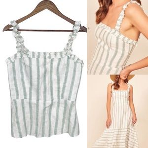 Reformation Hyla Gateau Linen Striped Square Neck Ruffle Tank Top Cutoff
